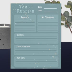 May include: A teal tarot reading journal with the words "Tarot Reading" at the top. The journal has sections for insights, thoughts, questions, cards to remember, and next steps. The design includes star accents.