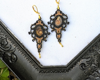 Gothic Macrame Earrings: Ammonite Dangle, Gold Plated