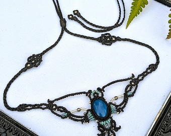 Micro Macrame Moth Choker: Blue Agate Stone, Adjustable Necklace
