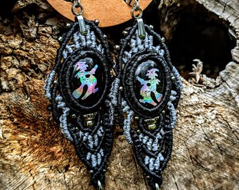 Gothic Macrame Dangle Earrings: Silver Witches, Stainless Steel