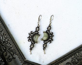 Handmade Gothic Macrame Earrings: Labradorite Crescent Moon, Witchy Jewelry