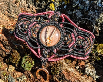 Handmade Micromacrame Skull Bracelet: Pink Mica Cabochon, Rose Gold Pendant