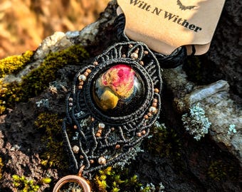 Rose Bud Macrame Necklace: Handmade Resin Pendant, Adjustable Length