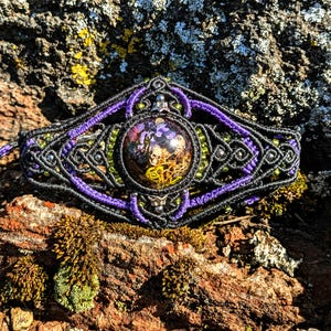 Handmade Micro Macrame Bracelet: Skulls, Moss, and Moon Cabochon
