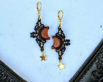 Handmade Gothic Macrame Earrings: Crescent Moon & Star Dangles