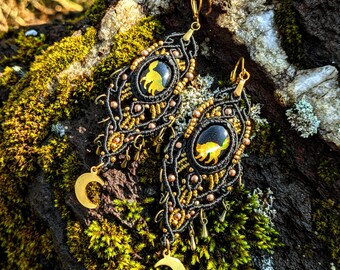 Micromacrame Golden Cat Dangle Earrings: Crescent Moon Witch Jewelry
