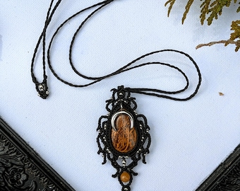 Handmade Micro Macrame Script Stone Necklace: Adjustable Faux Leather Cord