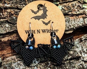 Micro Macrame Bat Dangle Earrings: Handmade Polyester Cording