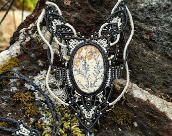 Dendritic Psilomelane Macrame Choker: Handmade Adjustable Necklace