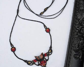 Handmade Red Sesame Jasper Macrame Necklace: Adjustable Crescent Moon
