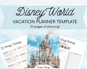 May include: A printable Disney World vacation planner template with a pink and blue color scheme. The template features a weekly itinerary, a daily itinerary, and a space for notes. The image also includes a picture of Cinderella's Castle at Walt Disney World.