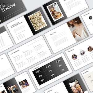 Puede incluir: Una presentación para un curso en línea con un esquema de color blanco y negro. La presentación incluye una tabla de contenido, un esquema del curso, estadísticas, una línea de tiempo y maquetas. El texto "Online Course" aparece en la parte superior de la primera diapositiva.