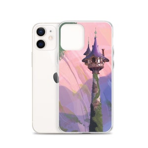 May include: A clear phone case with a colorful illustration of Rapunzel's tower from the Disney movie Tangled. The tower is a tall, slender structure with a purple roof and a winding vine.