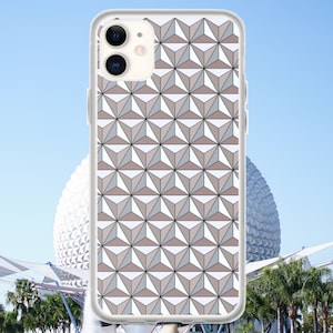 May include: A clear phone case with a white and gray geometric pattern. The pattern is inspired by the Epcot Spaceship Earth.