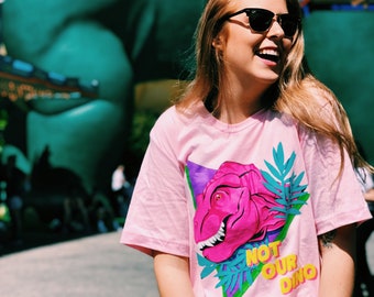 Not Our Dino Unisex Pink Tee, Dinosaur Ride Shirt, Animal Kingdom Tee