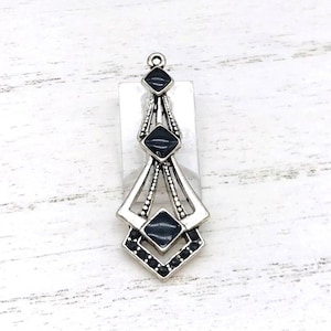 Vintage Pendant Silver Toned Diamond Shapes, Black Enamel gems