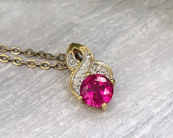 Vintage Necklace 18" Gold Silver Toned With Round Pink Rhinestone
