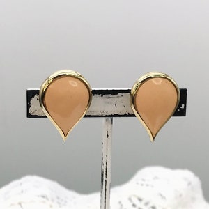 Vintage Clip On Earrings Gold Toned Inverted Teardrop With Flesh Peach Enamel Used