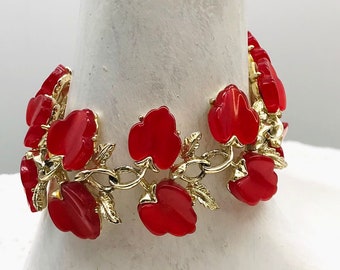 Vintage 7.5" Bracelet Gold Toned With Red Leaves Used