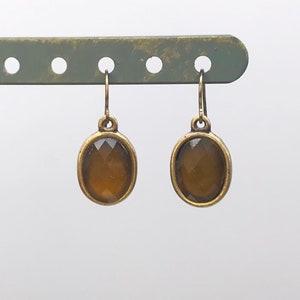 Vintage Dangle Earrings Gold Toned Oval With Olive Green Rhinestone Used