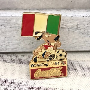 Vintage Pin Gold Toned Coca-Cola 1994 World Cup USA Soccer Dog Flag Red White Black Green And Blue Enamel Used