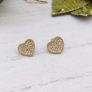 Vintage Post Earrings Gold Toned Heart With Rhinestones Used
