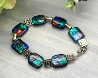 Vintage 8" Bracelet Silver Toned With Green Blue Red Glass And Square Spiral Beads Used