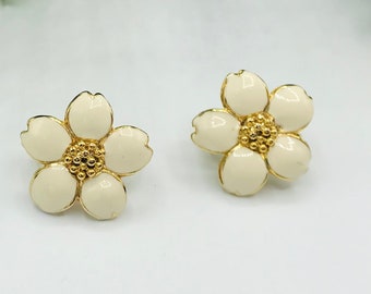 Vintage Monet White Enamel, Gold Tone Dogwood Flower Clip on