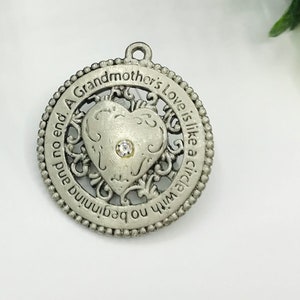 Vintage Pendant Pewter Toned Round With Heart And Rhinestones A Grandmothers Love