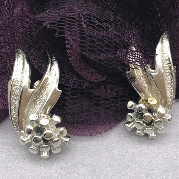 Vintage Clip On Earrings Silver Toned Leaf Design Marboux