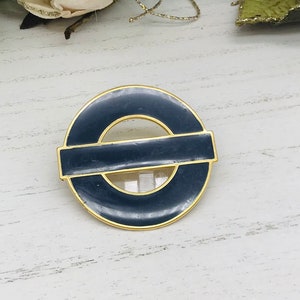 Vintage Monet Pin Brooch Gold Toned Round With Bar And Blue Enamel Used