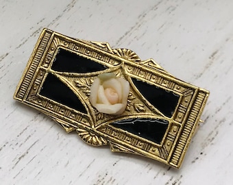 Vintage Brooch Gold Toned Rectangle With Pink Rose On Black