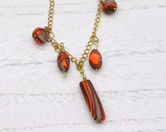 Vintage 24" Necklace Gold Toned With Orange And Brown Dangle Beads Used