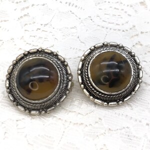 Vintage Clip On Earrings Silver Toned Round With Khaki And Black Stone Used