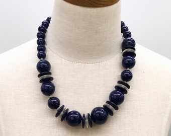 Vintage 18" Necklace With Cobalt Blue And White Beads Used