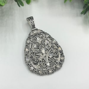 Vintage Pendant Silver Toned Teardrop Filigree Design With Rhinestones