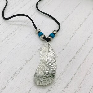 Vintage Necklace Silver Toned Feather With Silver Toned And Blue Beads On Leather Cord 26" length