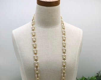 Vintage 40" Necklace With Gold Toned And Faux Pearl Beads Used