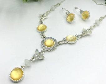 Jewelry set silver and yellow necklace and earrings