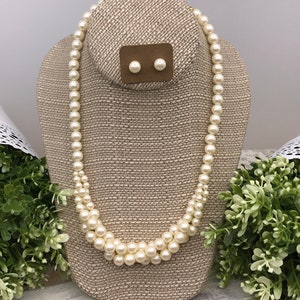 Vintage 18&quot;-20&quot; Necklace And Post Earrings Set Faux Pearls With Gold Toned Findings Used