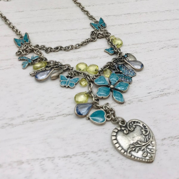 Vintage 17"-20" Necklace Silver Toned With Hearts Butterflies Dragonfly Flower With Blue Enamel And Green Drops Used