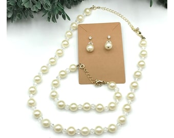 Elegant Faux Pearl Jewelry Set - Necklace Bracelet & Earrings