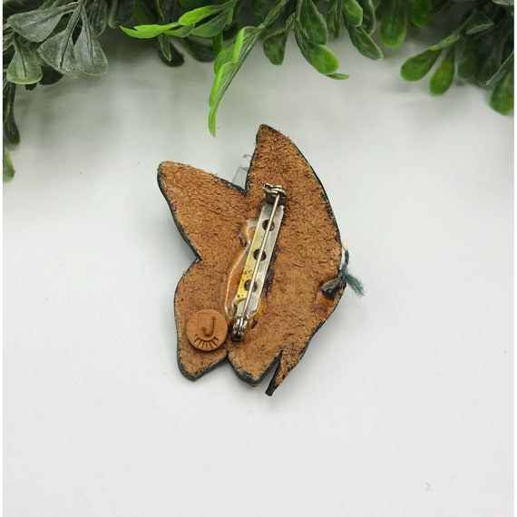 Vintage Leather butterfly brooch blue and brown c… - image 2