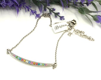 Vintage Necklace silver tone with a bar pendant multi color rhinestones 18" length by Brighton