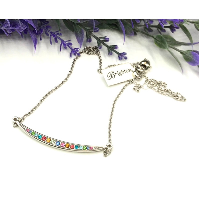 Vintage Necklace silver tone with a bar pendant multi color rhinestones 18" length by Brighton bild 1