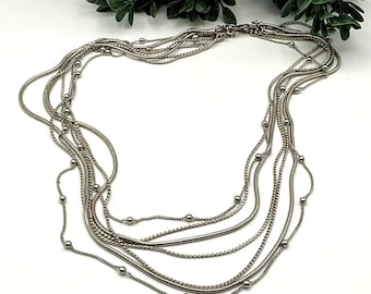 Multi-Strand Silver Tone Necklace With Layered Chains & Bead Accents