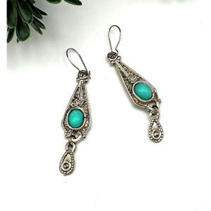 Vintage-Inspired Silver Tone Drop Earrings With Filigree Design and a Turquoise bead