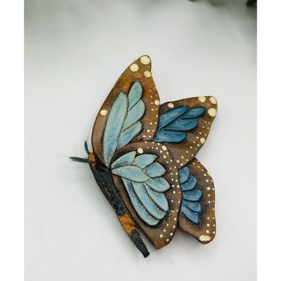 Vintage Leather butterfly brooch blue and brown c… - image 4