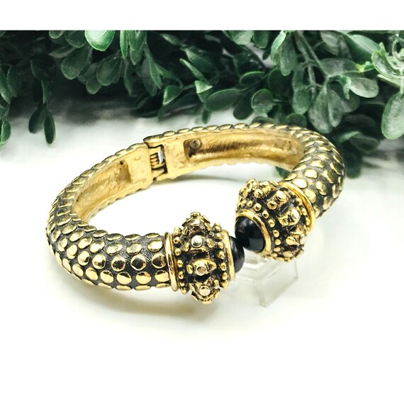 Vintage bracelet, gold textured tone, black beads… - image 1