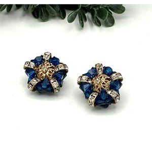 Vintage Blue Rhinestone and Gold-Tone Clip-On Earrings